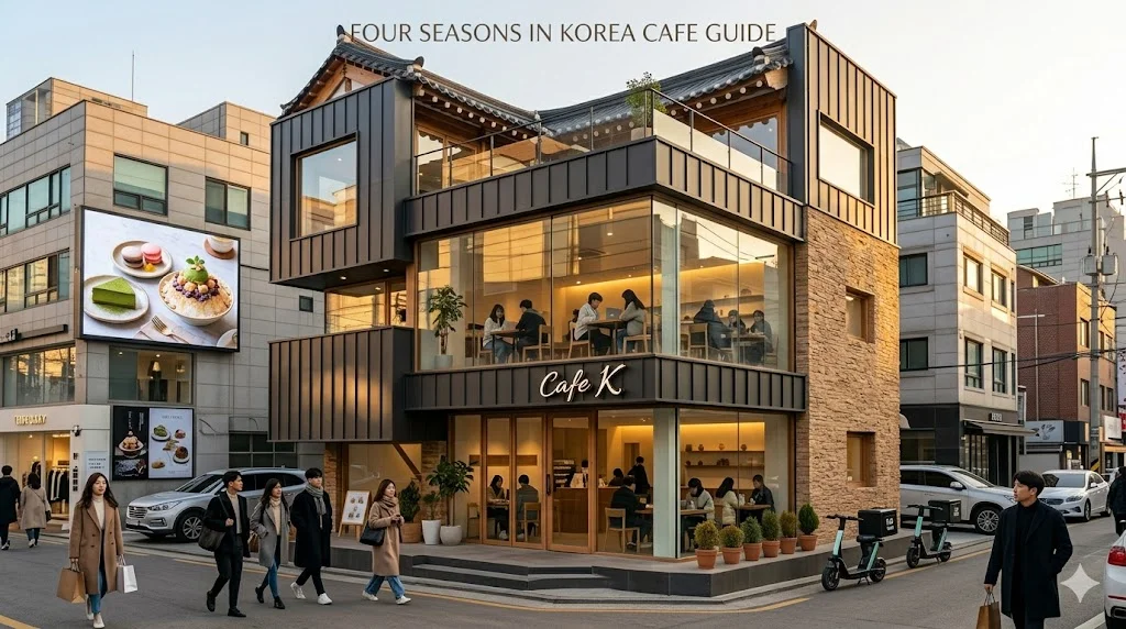 Cozy Korean cafe interior with people studying at wooden tables