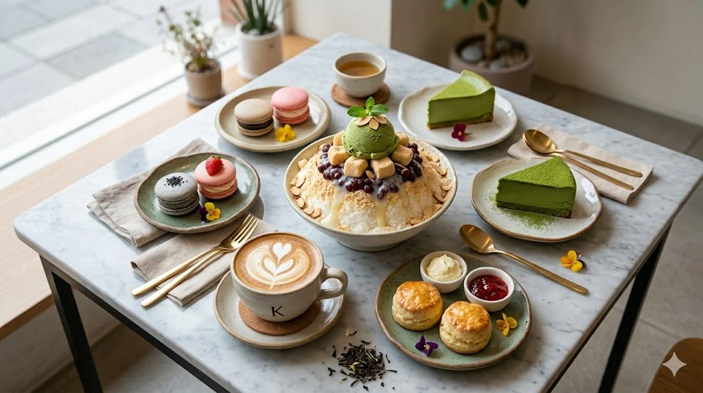 Korean cafe dessert spread with bingsu and aesthetic latte art