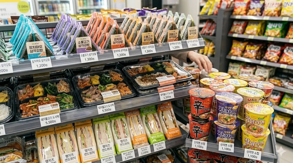 Korean convenience store food display with triangle kimbap and ready meals