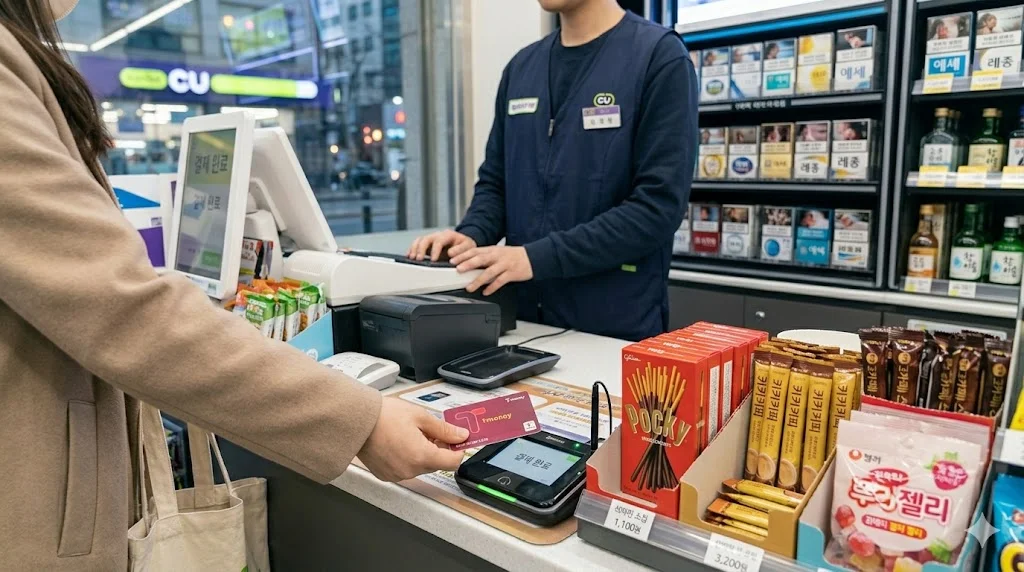 Customer using T-money card to pay at Korean convenience store
